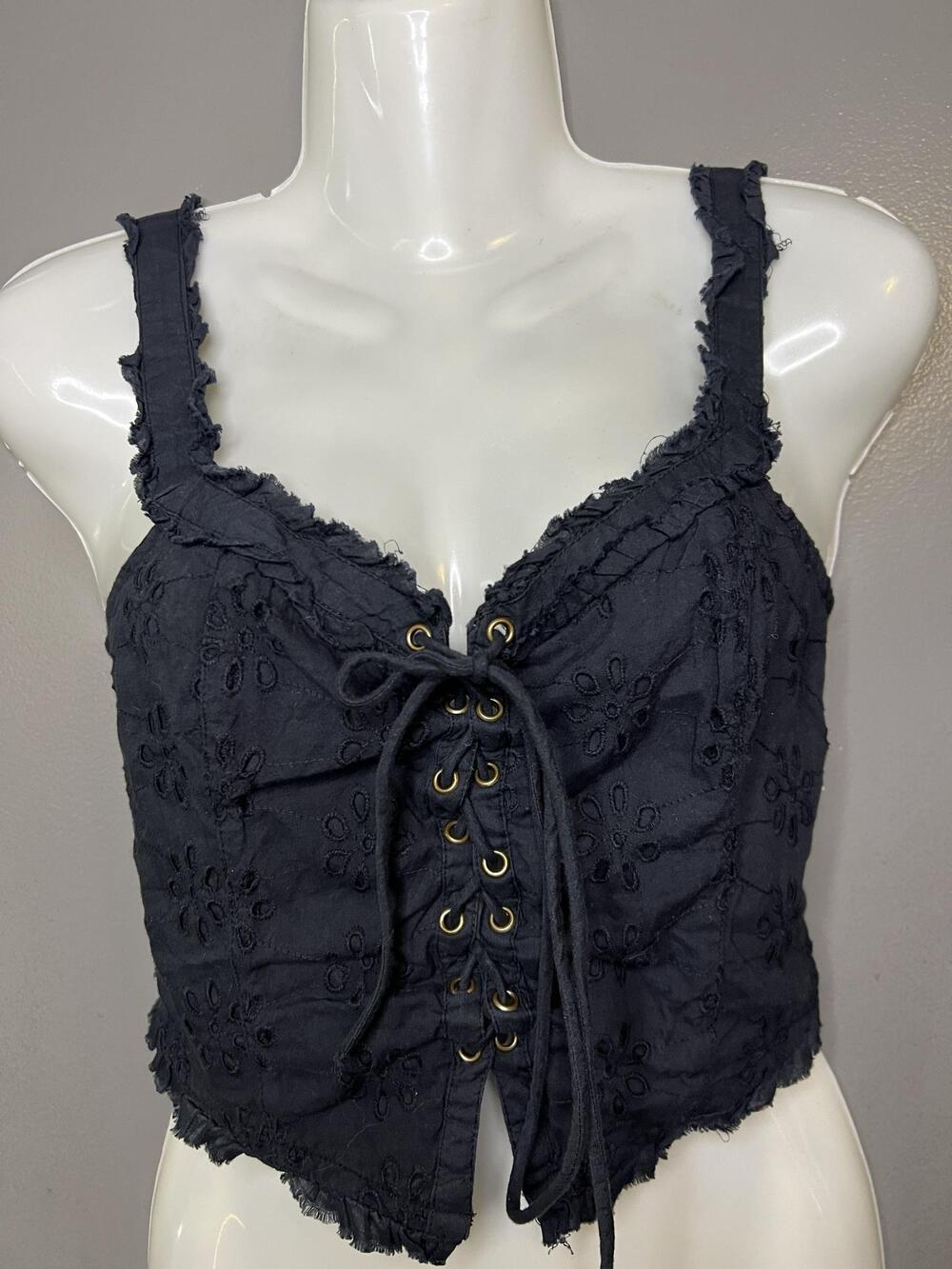 Urban Outfitters Tank Top Womens Small Black Embroidered Floral Lace Up Cropped